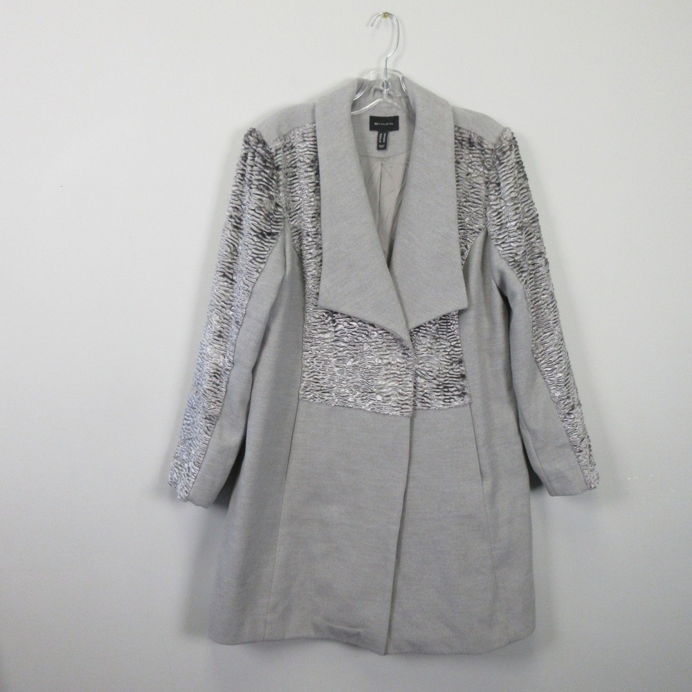 H by Halston Women Gray Faux Fur Trim Front Pea Coat Dress Size 12
